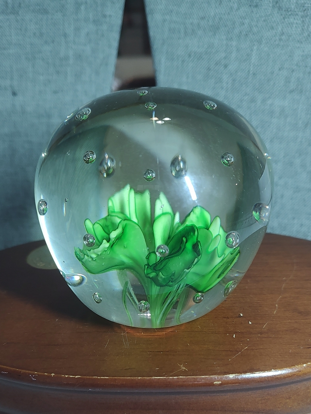 Art Glass Paperweight with Green Floral Design